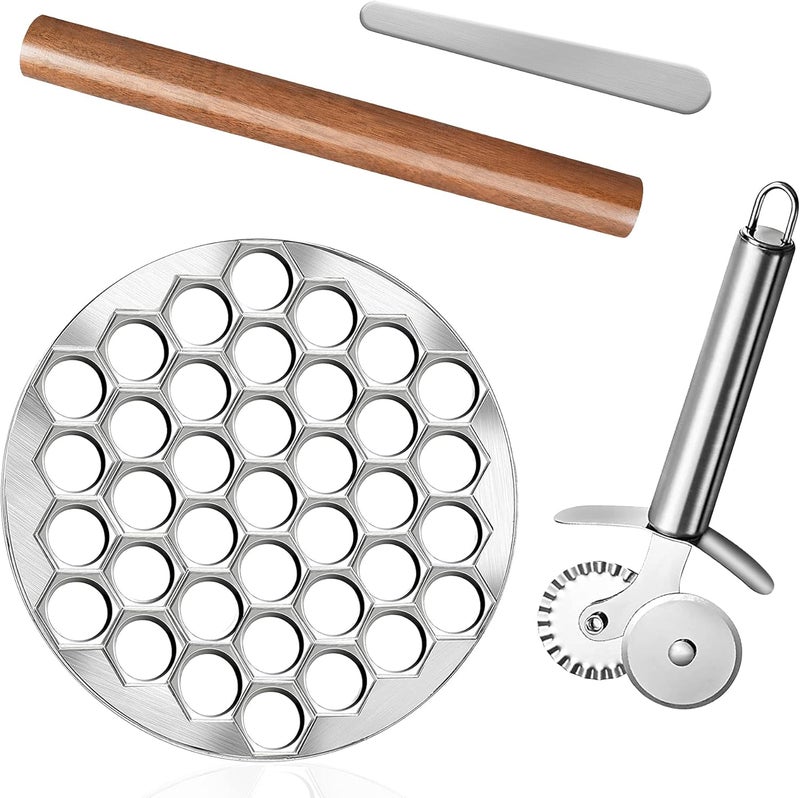 Worldity Ravioli Dumpling Mold, Food Grade Safe Dumplings Maker, Russian Pelmeni Maker with 37 Holes Double, Pastry Ravioli Wheel Cutter and Roller Pin for Making Dumplings Ravioli - Image 1