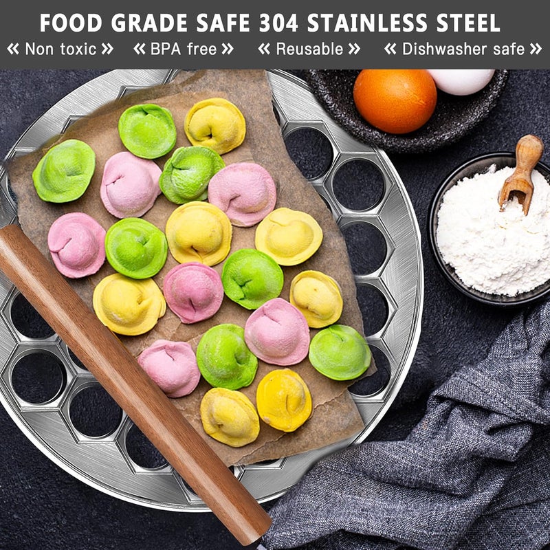 Worldity Ravioli Dumpling Mold, Food Grade Safe Dumplings Maker, Russian Pelmeni Maker with 37 Holes Double, Pastry Ravioli Wheel Cutter and Roller Pin for Making Dumplings Ravioli - Image 4