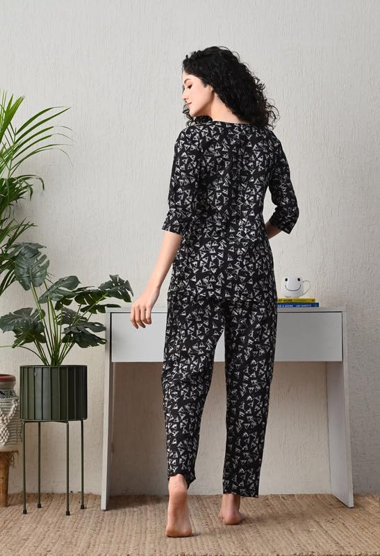 Ichaa Women's Cotton Black Printed Top and Pyjama Night Wear Night Suit or Lounge Wear Set - Image 3
