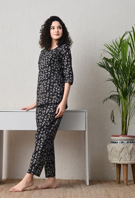 Ichaa Women's Cotton Black Printed Top and Pyjama Night Wear Night Suit or Lounge Wear Set - Image 4