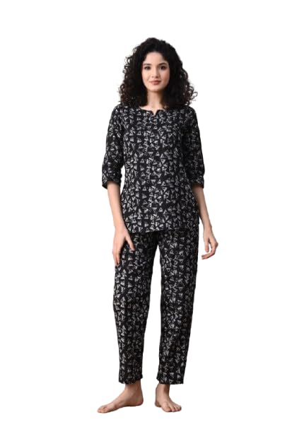 Ichaa Women's Cotton Black Printed Top and Pyjama Night Wear Night Suit or Lounge Wear Set - Image 1
