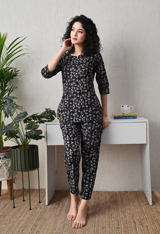 Ichaa Women's Cotton Black Printed Top and Pyjama Night Wear Night Suit or Lounge Wear Set - Image 2