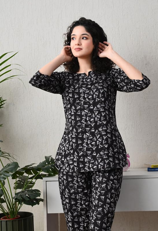 Ichaa Women's Cotton Black Printed Top and Pyjama Night Wear Night Suit or Lounge Wear Set - Image 5