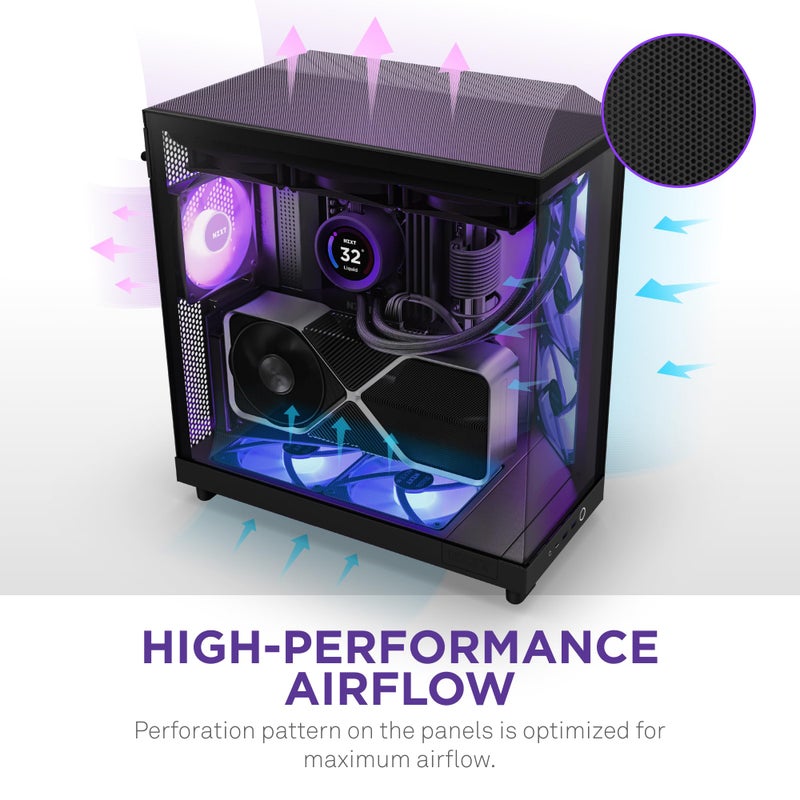 NZXT H6 Flow RGB Mid-Tower Airflow Case with 3 RGB Fans, Panoramic Glass Panels, Cable Management - Black - Image 5