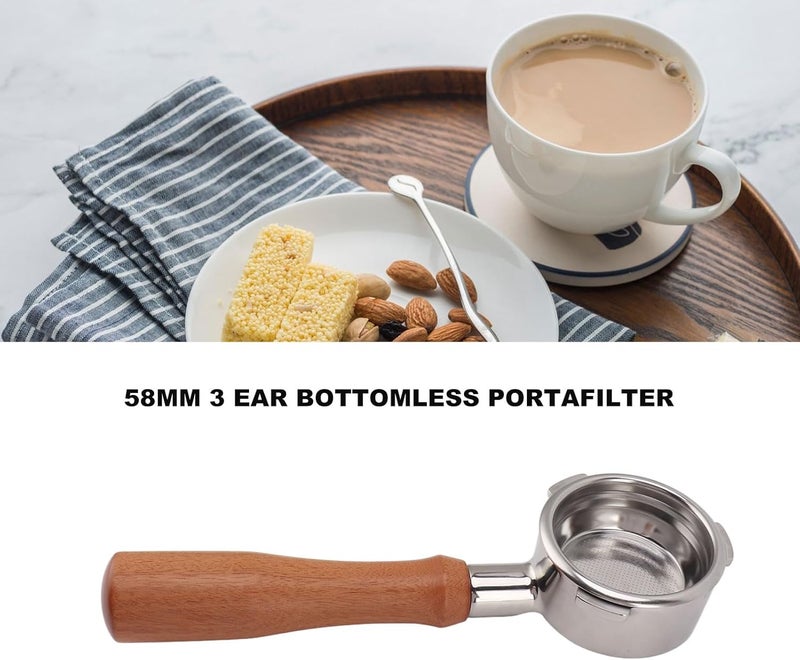 fannay 58mm Bottomless Portafilter, 3 Ears Stainless Steel Bottomless Naked Portafilter with Filter Basket & Wood Handle, Professional Espresso Portafilter for Barsetto Espresso (E All - Image 4
