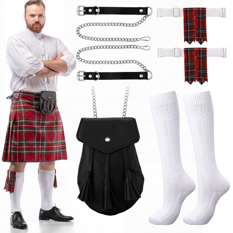 Arrowbash 3 Pcs Men Scottish Kilt Accessories Irish Traditional Scottish Socks Tartan Hose Flashes Sporran(Not Include Kilt)(Dark Tones) - Image 1