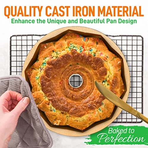 NutriChef 9-Inch Cake Pan - Thick and Heavy Cast Aluminum Bakeware Cake Mold with 2 Layers of Nonstick Coating - French Wreath Design for Uniform Baking Up To 500 Degrees - Easy to Clean, Gold - Image 2