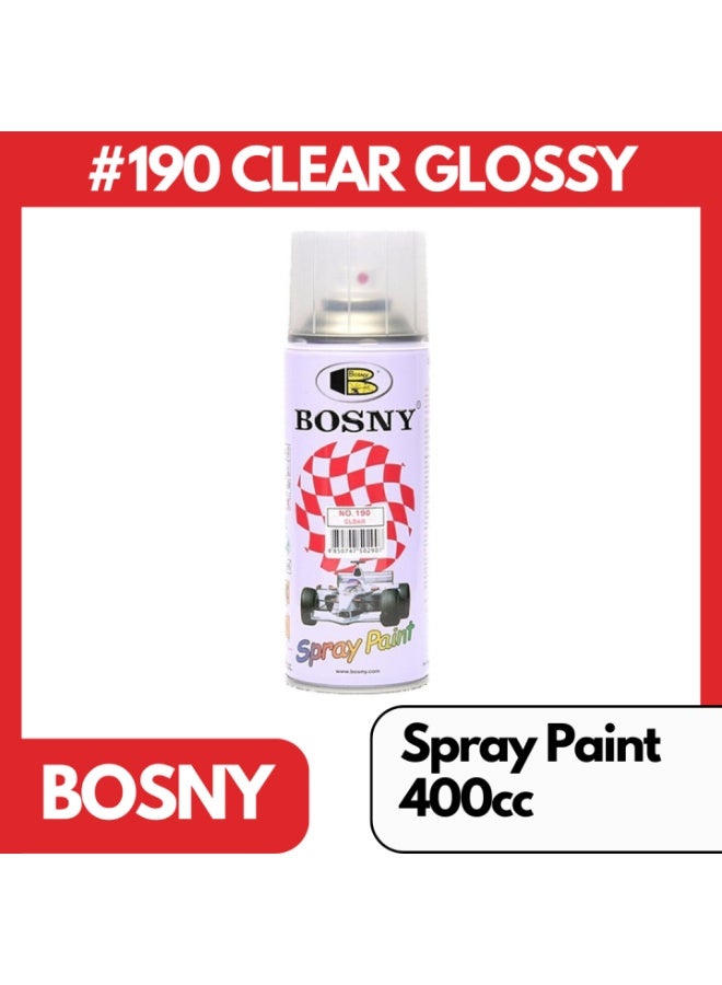 Bosny Clear Coat Spray Paint No.190 – 400 ml Gloss Finish, Fast-Dry Protective Coating.