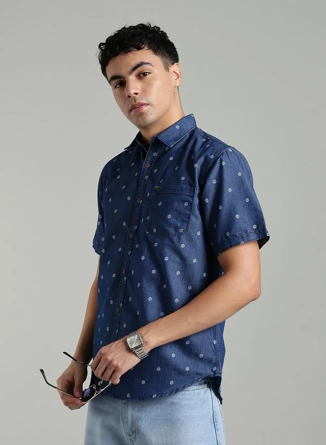 Kuons Avenue  KUONS AVENUE Men Blue Denim Print Short Sleeve Shirt for Men | Best Price UAE