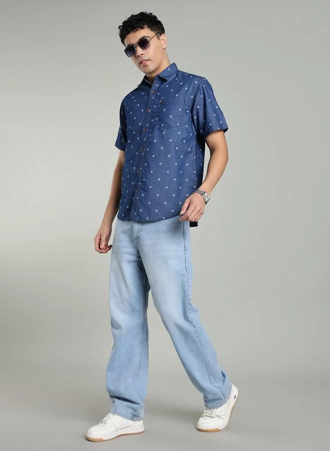 Kuons Avenue  KUONS AVENUE Men Blue Denim Print Short Sleeve Shirt for Men | Best Price UAE