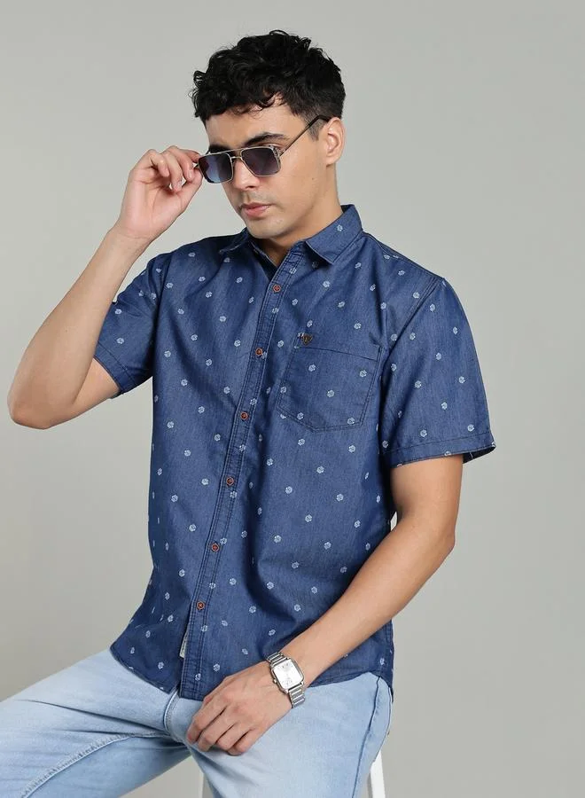 Kuons Avenue  KUONS AVENUE Men Blue Denim Print Short Sleeve Shirt for Men | Best Price UAE
