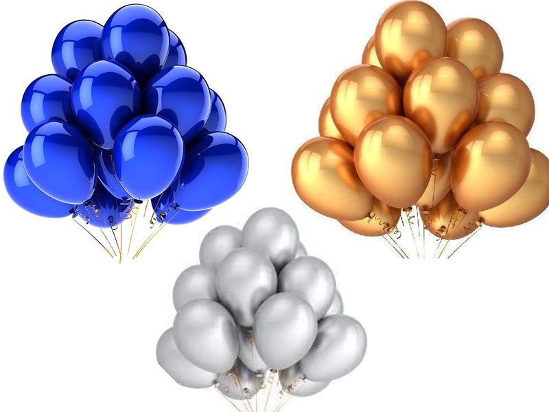Vail Creations MADE IN INDIA 10inch Metallic Balloons for Birthday Decoration/Anniversary Party Decoration(Gold + Silver + Blue,Pack of 100) - Image 1