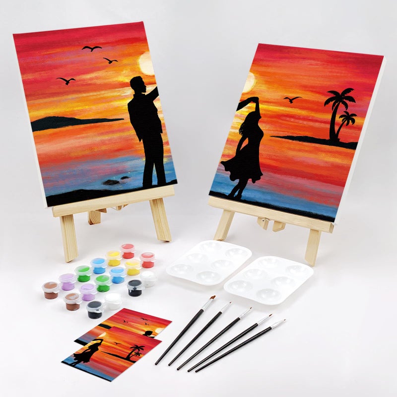 VOCHIC Sip and Paint Kit,Pre Drawn Canvas Couples Paint Party Kit Painting Art Set for Adults Date Night Sunset Beach 2 Pack (8 x 10 Inches, Dancing Couple) - Image 1