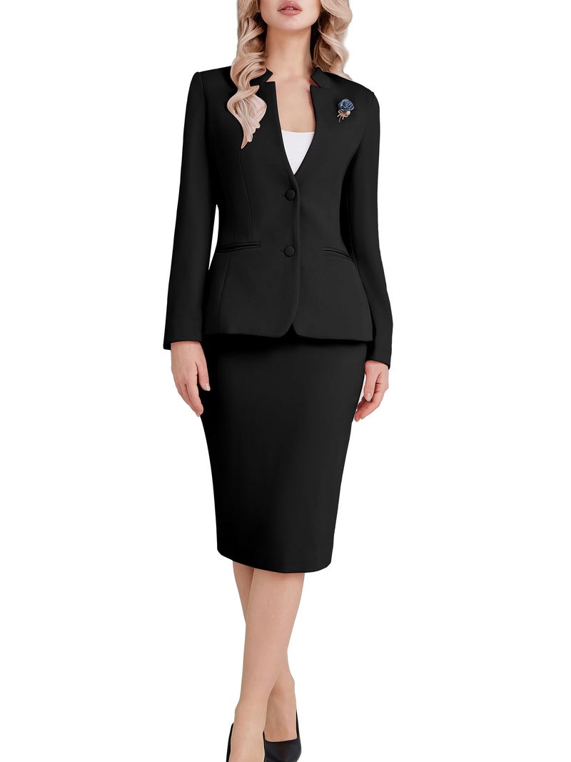 Kelyaa Womens 2 Piece Suit Skirt Set Business Office Work Blazer Jackets and Pencil Skirt with Slit Black