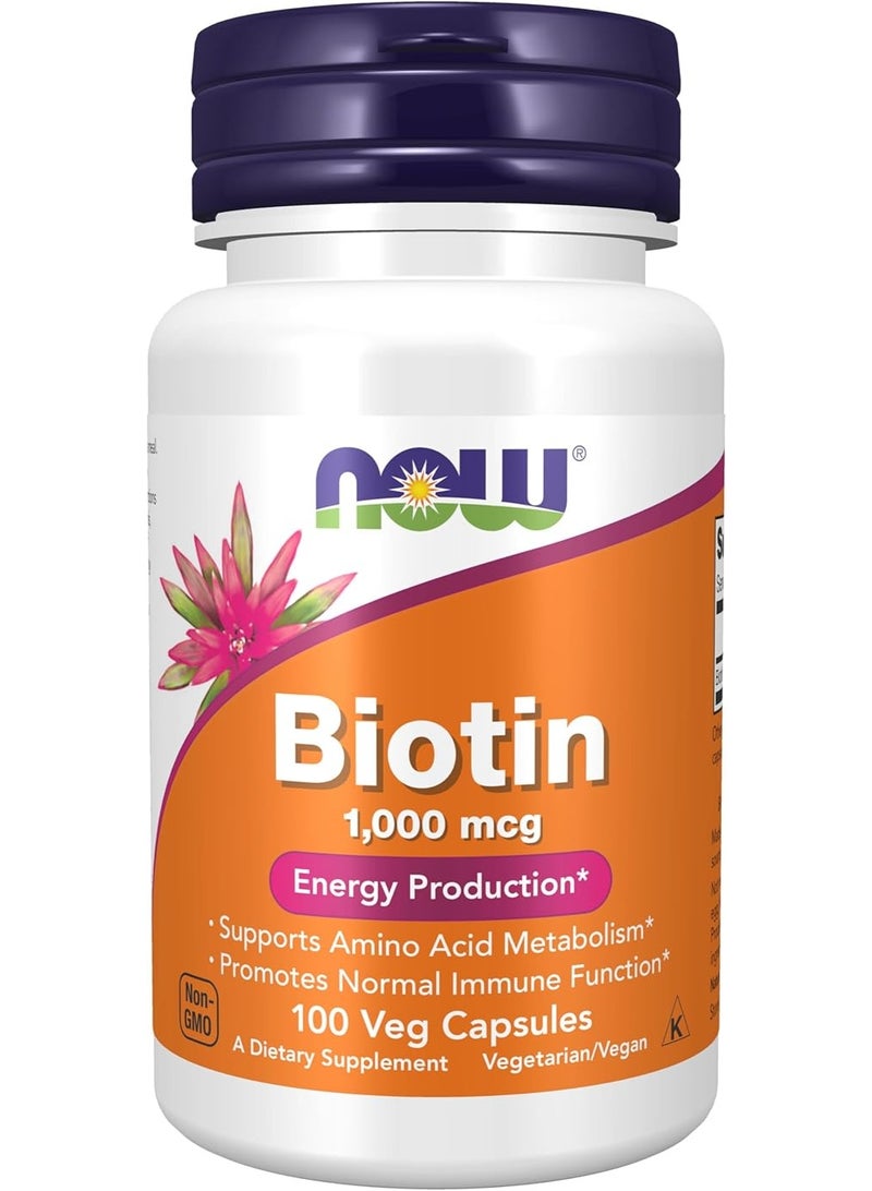 Biotin 1000 mcg | B7 Supplement for Healthy Hair, Skin & Nails & Energy Production & Amino Acid Metabolism & Immune Function | 100 Veg Capsules