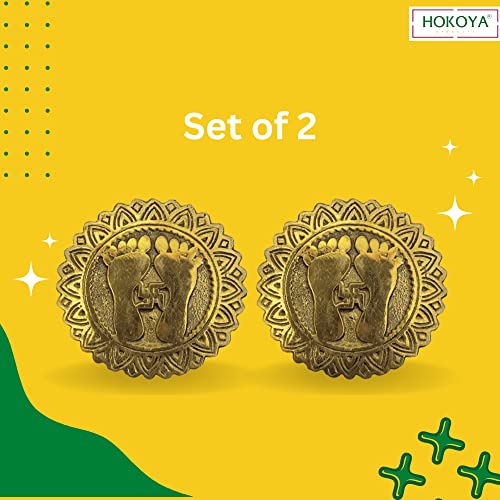 HOKOYA Set of 2 Handmade Brass Laxmi Charan Paduka for Door Entrance, Decorating Your Home and Puja Room | Handmade Brass Decor | Mandir Accessories & Pooja Room Essentials - Image 3