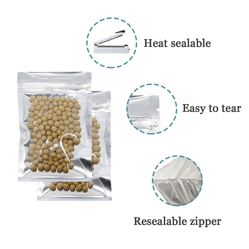 PABCK 100 Pack Clear Front Resealable Mylar Bags 8.5x14cm (3.3x5.5inch) Heat Seal Aluminum Foil Plastic Packaging for Zip Bulk Food Storage Zipper Lock Candy Foil Pouch with Tear Nothces - Image 2