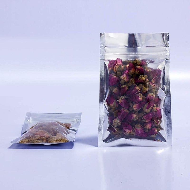 PABCK 100 Pack Clear Front Resealable Mylar Bags 8.5x14cm (3.3x5.5inch) Heat Seal Aluminum Foil Plastic Packaging for Zip Bulk Food Storage Zipper Lock Candy Foil Pouch with Tear Nothces - Image 5