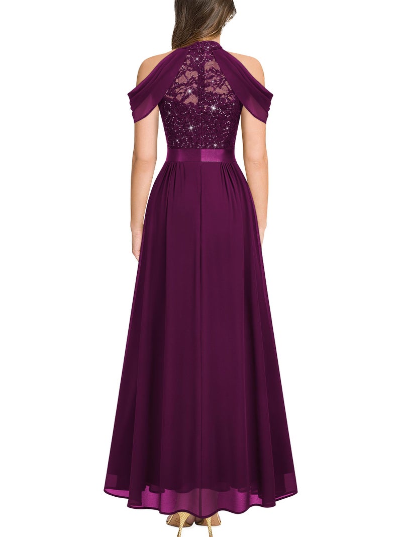 Miusol Women's Classic Lace Sleeveless Sequin Contrast Chiffon Bridesmaid Maxi Dress (Large, Maroon) - Image 2