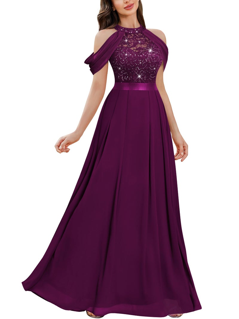 Miusol Women's Classic Lace Sleeveless Sequin Contrast Chiffon Bridesmaid Maxi Dress (Large, Maroon) - Image 1