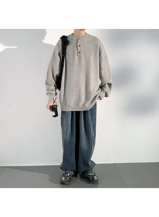 Dingfengbaoluo Solid Color Casual Knit Sweater Men Autumn Vintage Comfortable Versatile Pullover Juc09 Light Gray 2XL - Image 2