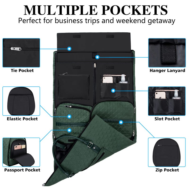 TIBES Garment Bag for Travel With Toiletry Bag Convertible Carry On Weekender Bag Large Travel Duffel Bags for Women 2 in 1 Hanging Suitcase Suit Travel Bags for Women & Men 3pcs Set (H-Green) - Image 2