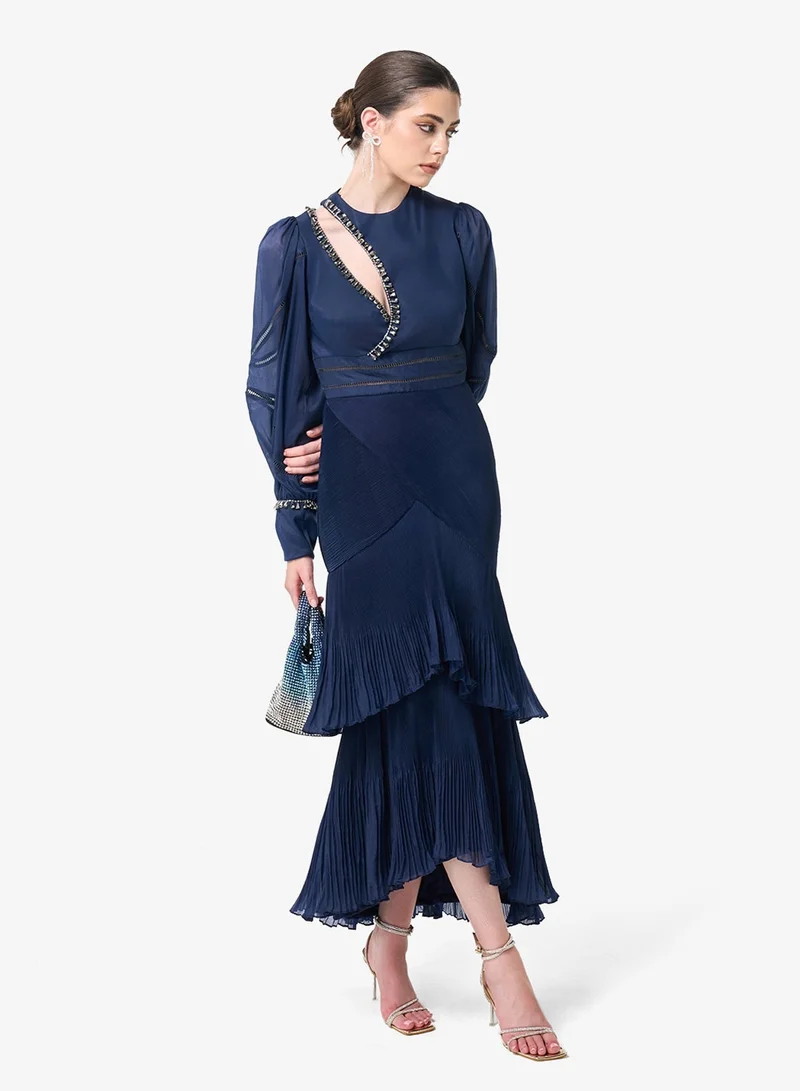 Threadz by Ajooni  Tiered Asymmetric Diagonal Cut-Out Neck Maxi Dress for Women | Best Price UAE