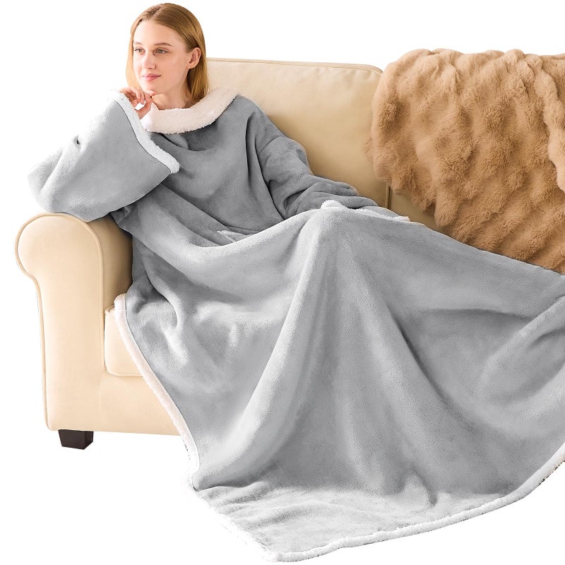 بطانية شيربا القابلة للارتداء مع الأكمام للنساء والرجال البالغين بطانية مريحة قابلة للارتداء مع ذراع وجيب دافئة تغطي الجسم بالكامل بطانية تلفاز ناعمة كهدية للأم أو الزوجة رمادي