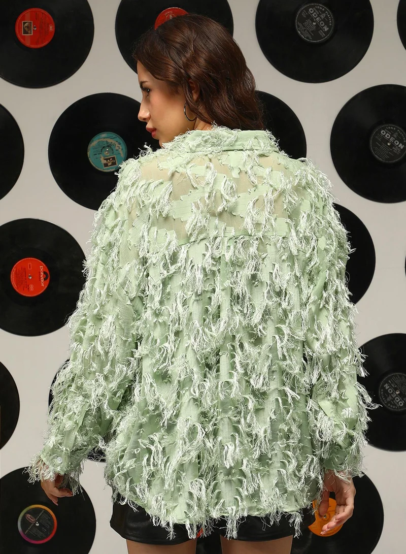 Campus Sutra Women's Pistachio Green All-Over-Tassel Shirt