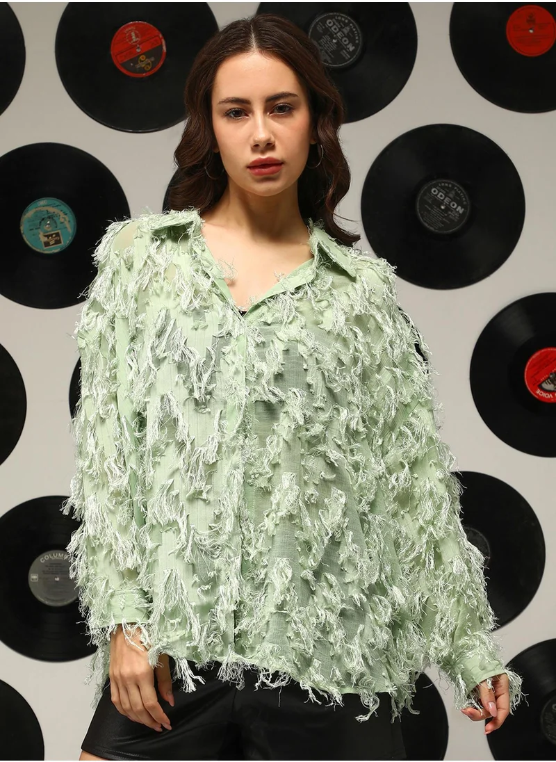 Campus Sutra Women's Pistachio Green All-Over-Tassel Shirt