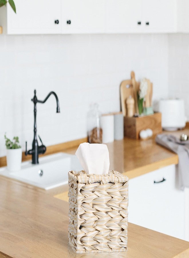 Sumnacon Wicker Tissue Box Cover, Square Tissue Box Holder, Hand Woven Facial Tissues Dispenser, Decorative Boho Tissue Box Organizer for Bathroom Bedroom Kitchen Office Table Desk Counter, Beige - Image 2