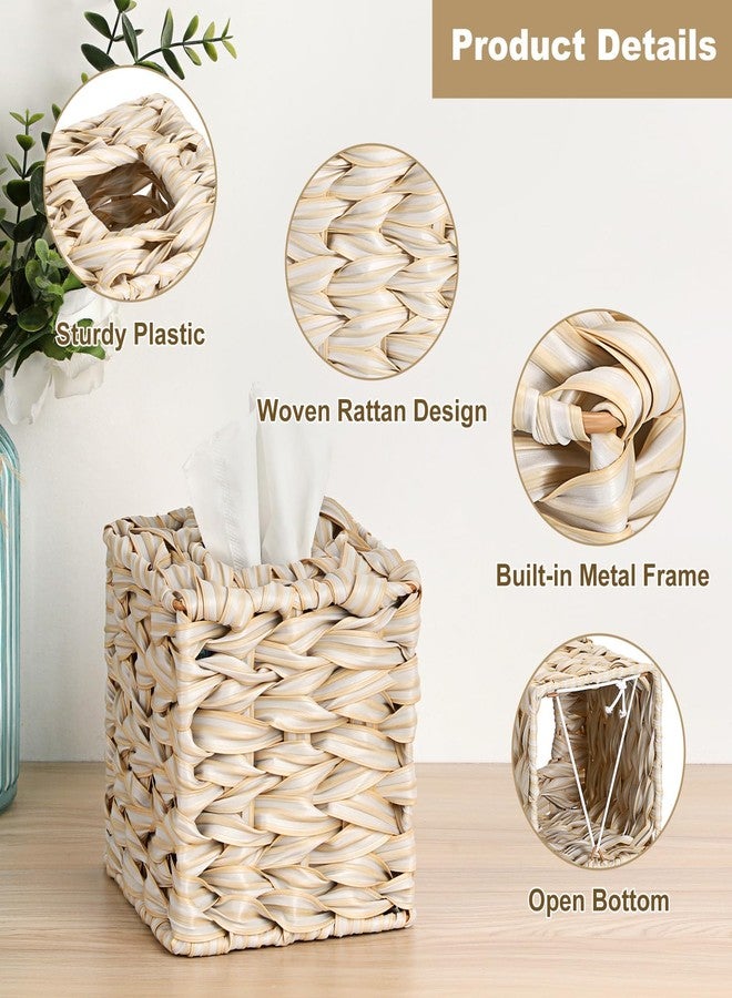 Sumnacon Wicker Tissue Box Cover, Square Tissue Box Holder, Hand Woven Facial Tissues Dispenser, Decorative Boho Tissue Box Organizer for Bathroom Bedroom Kitchen Office Table Desk Counter, Beige - Image 4