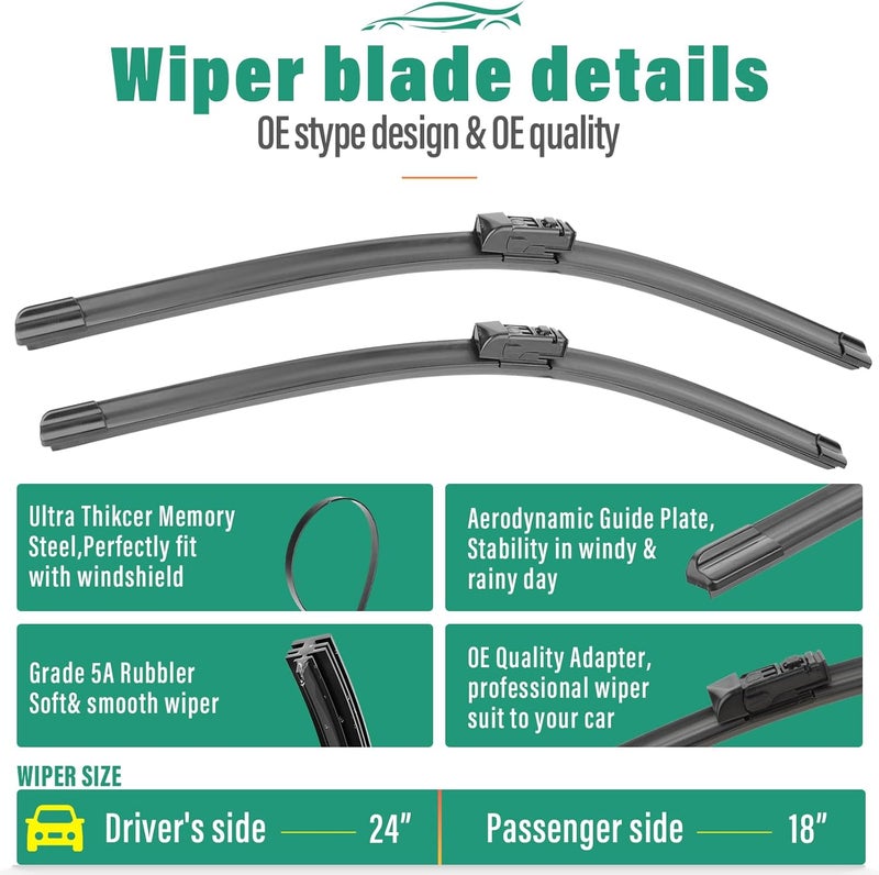 WINDSMILE 24" 18" 14" Windshield Wiper Blades for Mazda CX5 CX9 CX-5 CX-9 2017 2018 2019 2020 2021 2022 2023 -OEM Replacement Premium All season Wiper Blades (Set of 3) - Image 3