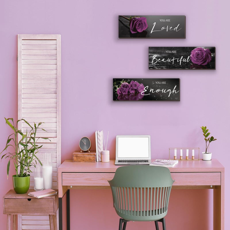 ZINYAZHE 3 Pieces Purple Roses Wall Decor Inspirational Purple Bathroom Decor Wooden Wall Art Positive Quotes You Are Loved You Are Beautiful You Are Enough for Teen Girls Women Bedroom(Purple Rose12 x 4 Inch) - Image 2