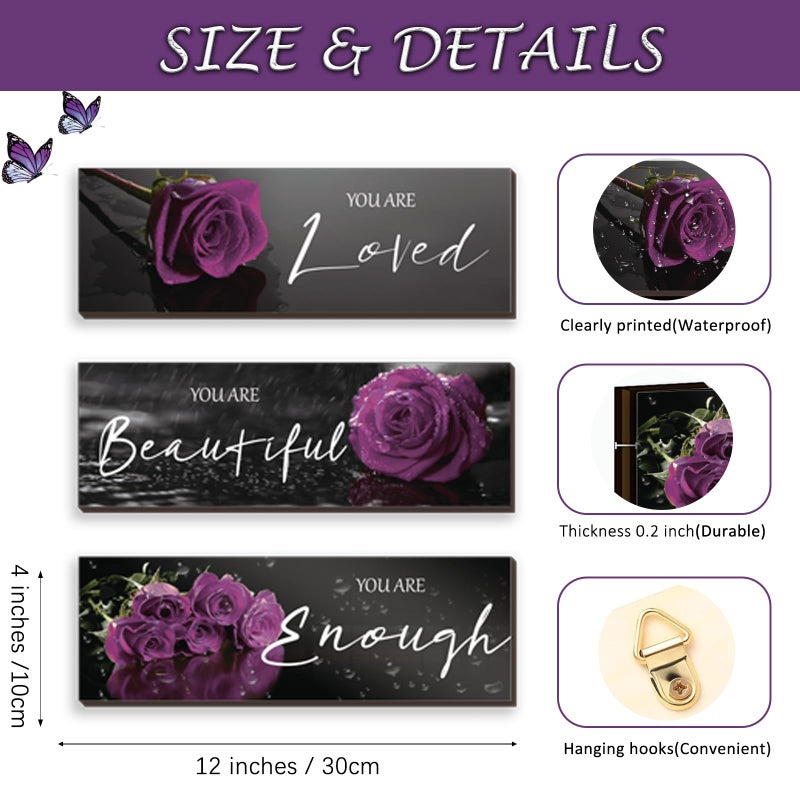 ZINYAZHE 3 Pieces Purple Roses Wall Decor Inspirational Purple Bathroom Decor Wooden Wall Art Positive Quotes You Are Loved You Are Beautiful You Are Enough for Teen Girls Women Bedroom(Purple Rose12 x 4 Inch) - Image 4