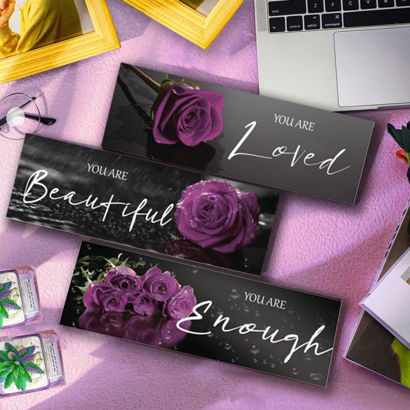 ZINYAZHE 3 Pieces Purple Roses Wall Decor Inspirational Purple Bathroom Decor Wooden Wall Art Positive Quotes You Are Loved You Are Beautiful You Are Enough for Teen Girls Women Bedroom(Purple Rose12 x 4 Inch) - Image 3