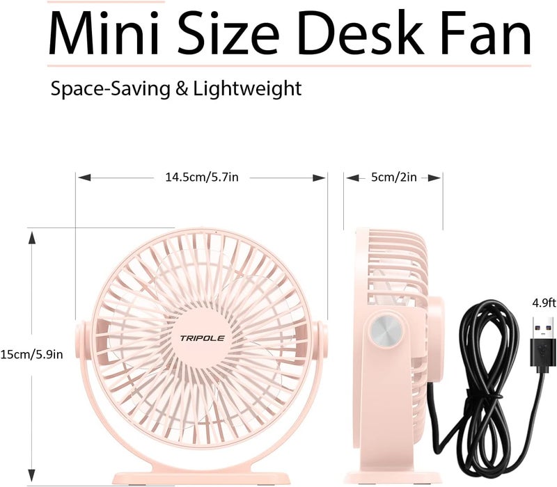 TriPole Mini Desk Fan USB Powered Portable Fan 3 Speeds Strong Airflow Small Fan 360°Rotation Personal Fan 5.1 Inch Table Fan for Home Office Bedroom Desktop, Pink, 4.9ft Cable - Image 2