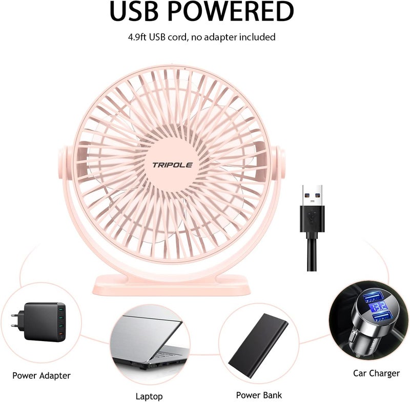 TriPole Mini Desk Fan USB Powered Portable Fan 3 Speeds Strong Airflow Small Fan 360°Rotation Personal Fan 5.1 Inch Table Fan for Home Office Bedroom Desktop, Pink, 4.9ft Cable - Image 3