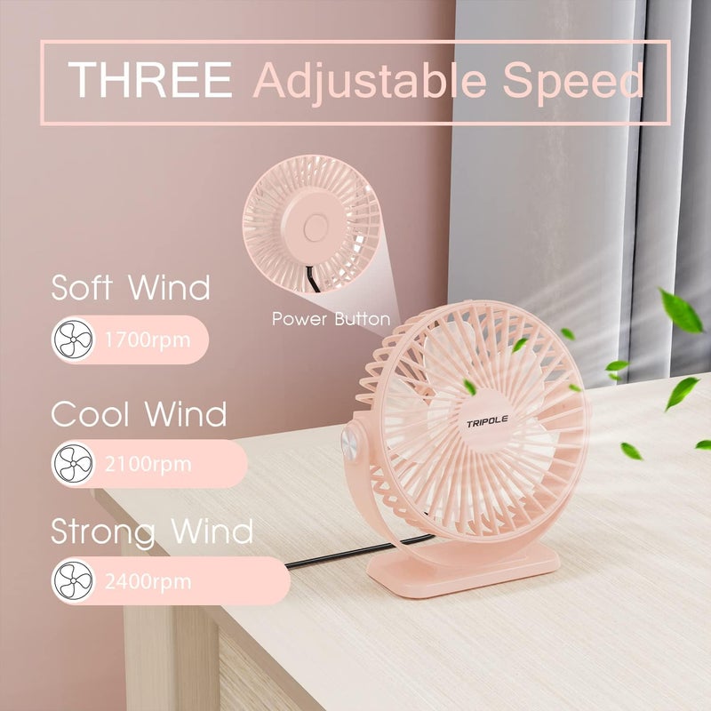 TriPole Mini Desk Fan USB Powered Portable Fan 3 Speeds Strong Airflow Small Fan 360°Rotation Personal Fan 5.1 Inch Table Fan for Home Office Bedroom Desktop, Pink, 4.9ft Cable - Image 4