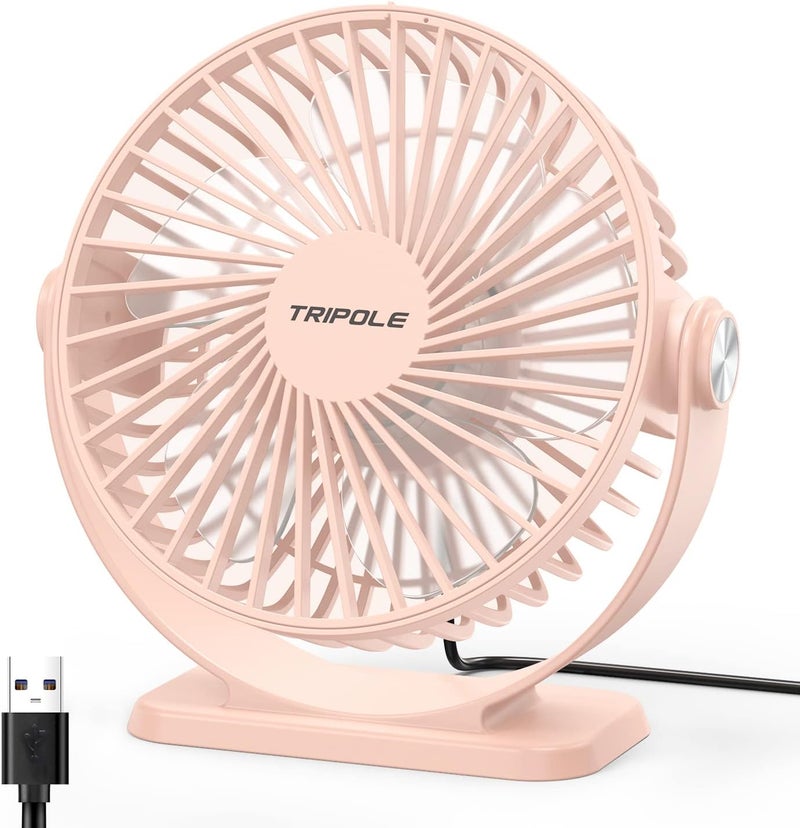 TriPole Mini Desk Fan USB Powered Portable Fan 3 Speeds Strong Airflow Small Fan 360°Rotation Personal Fan 5.1 Inch Table Fan for Home Office Bedroom Desktop, Pink, 4.9ft Cable - Image 1