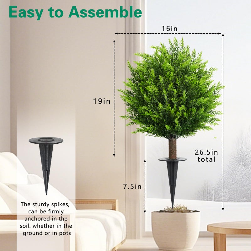 MyGrove 26.5" Artificial Cedar Topiary Ball Trees, Set of 2 UV Resistant Fake Evergreen Trees Shrubs Bushes Artificial Plants with Ground Spike Faux Cypress Plants for Indoor Outdoor Front Porch Garden - Image 3