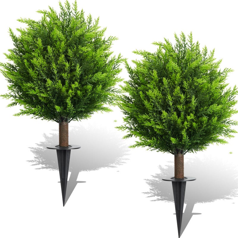 MyGrove 26.5" Artificial Cedar Topiary Ball Trees, Set of 2 UV Resistant Fake Evergreen Trees Shrubs Bushes Artificial Plants with Ground Spike Faux Cypress Plants for Indoor Outdoor Front Porch Garden - Image 1