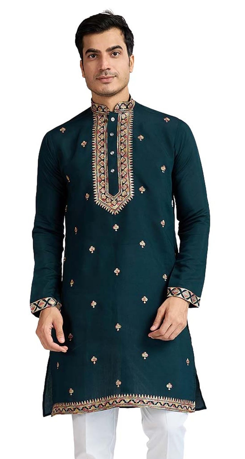 Kalaanj Men's Embroidered Silk Kurta || Only Kurta (KALSS2501MK-Green-XXL) - Image 1