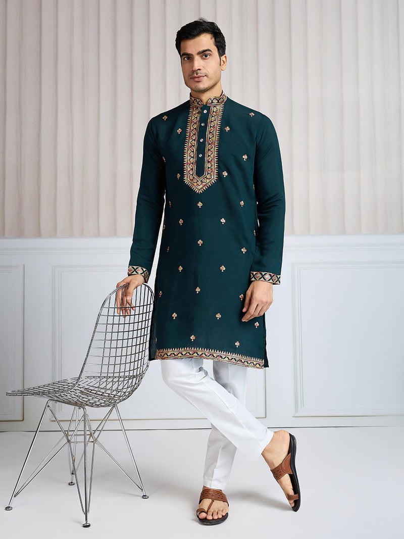 Kalaanj Men's Embroidered Silk Kurta || Only Kurta (KALSS2501MK-Green-XXL) - Image 3