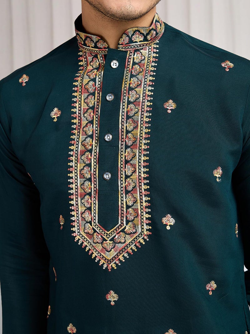 Kalaanj Men's Embroidered Silk Kurta || Only Kurta (KALSS2501MK-Green-XXL) - Image 5