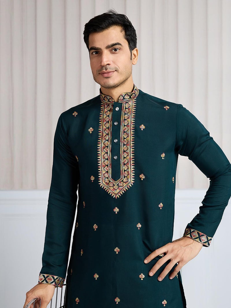 Kalaanj Men's Embroidered Silk Kurta || Only Kurta (KALSS2501MK-Green-XXL) - Image 4