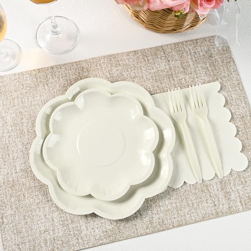 ZUQMZUQ 96 Pcs Ivory Paper Plates and Napkins Set Cream Party supplies for 24 Guest Including Beige Scalloped Disposable Dessert Paper Plates Napkin Plastic Fork for Baby Shower Bridal Shower Wedding - Image 4