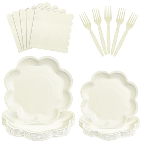 ZUQMZUQ 96 Pcs Ivory Paper Plates and Napkins Set Cream Party supplies for 24 Guest Including Beige Scalloped Disposable Dessert Paper Plates Napkin Plastic Fork for Baby Shower Bridal Shower Wedding - Image 1