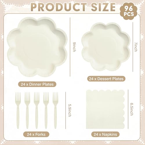 ZUQMZUQ 96 Pcs Ivory Paper Plates and Napkins Set Cream Party supplies for 24 Guest Including Beige Scalloped Disposable Dessert Paper Plates Napkin Plastic Fork for Baby Shower Bridal Shower Wedding - Image 2