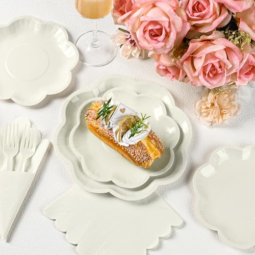 ZUQMZUQ 96 Pcs Ivory Paper Plates and Napkins Set Cream Party supplies for 24 Guest Including Beige Scalloped Disposable Dessert Paper Plates Napkin Plastic Fork for Baby Shower Bridal Shower Wedding - Image 3